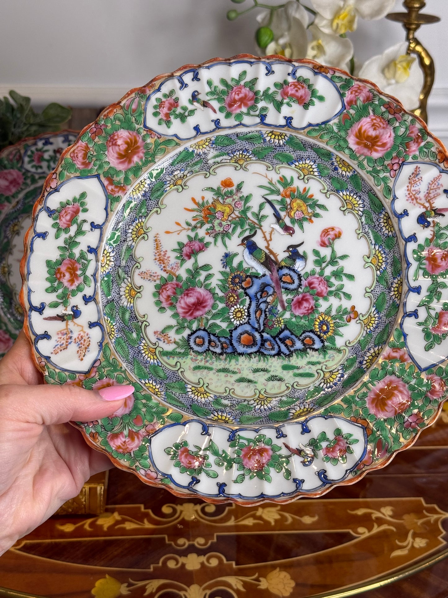 RESERVED - CASEY - Antique Pair of Chinese Famille Verte Fluted Plates | Hand-Painted Porcelain | 10” Diameter | #DA4525