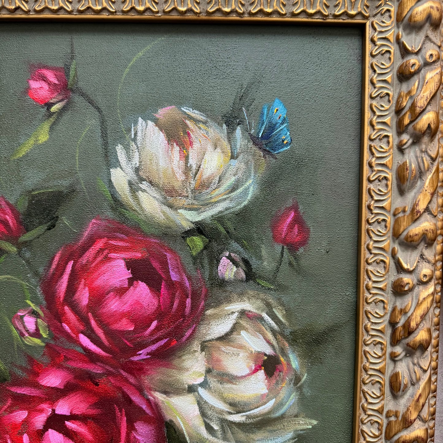 Live 06/09 bouquet of peonies blue butterfly original oil painting, 15x19"