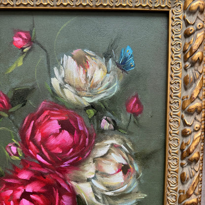 Live 06/09 bouquet of peonies blue butterfly original oil painting, 15x19"