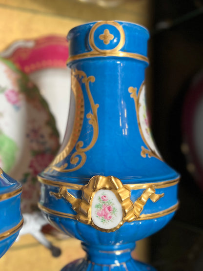 Pair Antique French Sèvres Porcelain Vases | Bleu Céleste | Hand-Painted Putti & Floral Panels | Marked c.1841