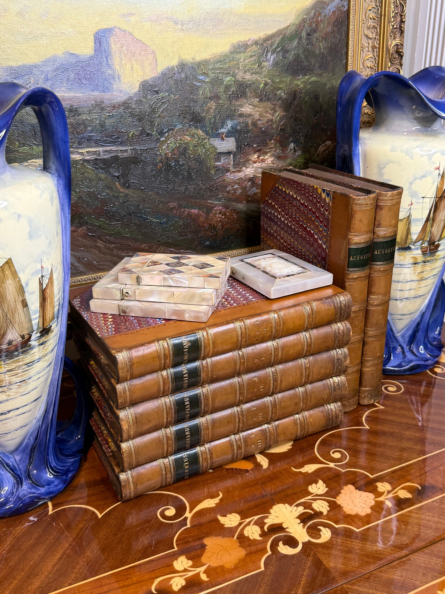 Antique Early 19th Century Latin Classical Library Book Collection, Set of 7 | Full Leather & Marbled Bindings | 1821–1823