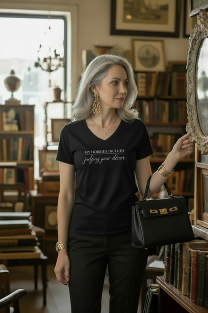 Rare and Worn | My Hobbies Include Judging Your Decor Signature V-neck Relaxed Tee - Black