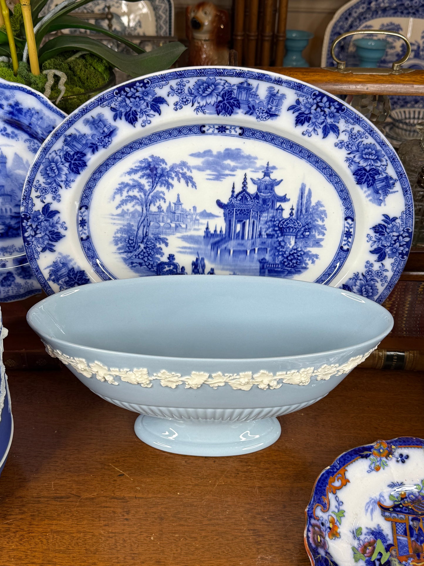 Wedgwood Embossed Queensware Ellipse Footed Bowl | Pale Blue & White | 12.5” L × 5” W × 5.75” H | #DA4581