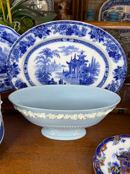 Wedgwood Embossed Queensware Ellipse Footed Bowl | Pale Blue & White | 12.5” L × 5” W × 5.75” H | #DA4581