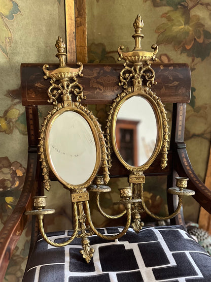 Live 08/11 Elegant Pair of Adam Style Neoclassical Gilt Brass Mirrored Wall Sconces Circa 1930s–1940s