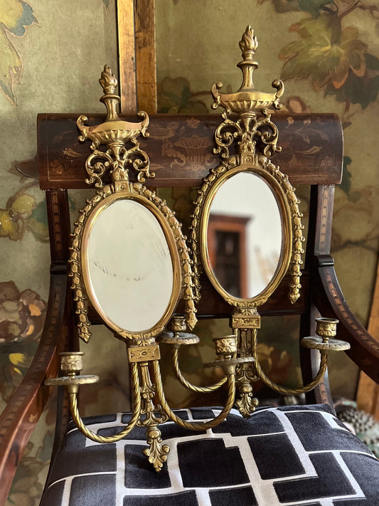 Elegant Pair of Adam Style Neoclassical Gilt Brass Mirrored Wall Sconces Circa 1930s–1940s
