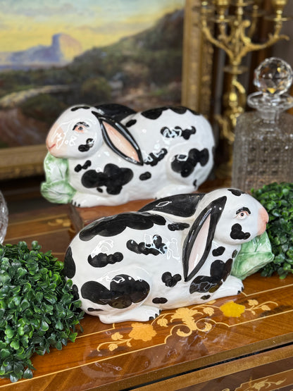Pair of Chelsea House, Italian Ceramic Rabbits by Georgian Society | Black & White Bunny Figurines | 11” Long