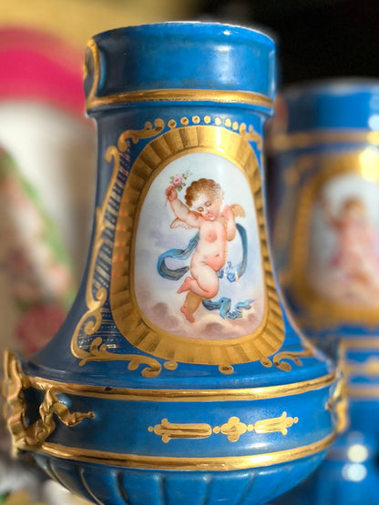 Pair Antique French Sèvres Porcelain Vases | Bleu Céleste | Hand-Painted Putti & Floral Panels | Marked c.1841