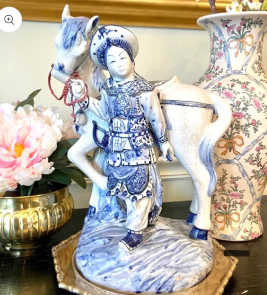 Statuesque vintage blue and white warrior and Asian horse centerpiece statue