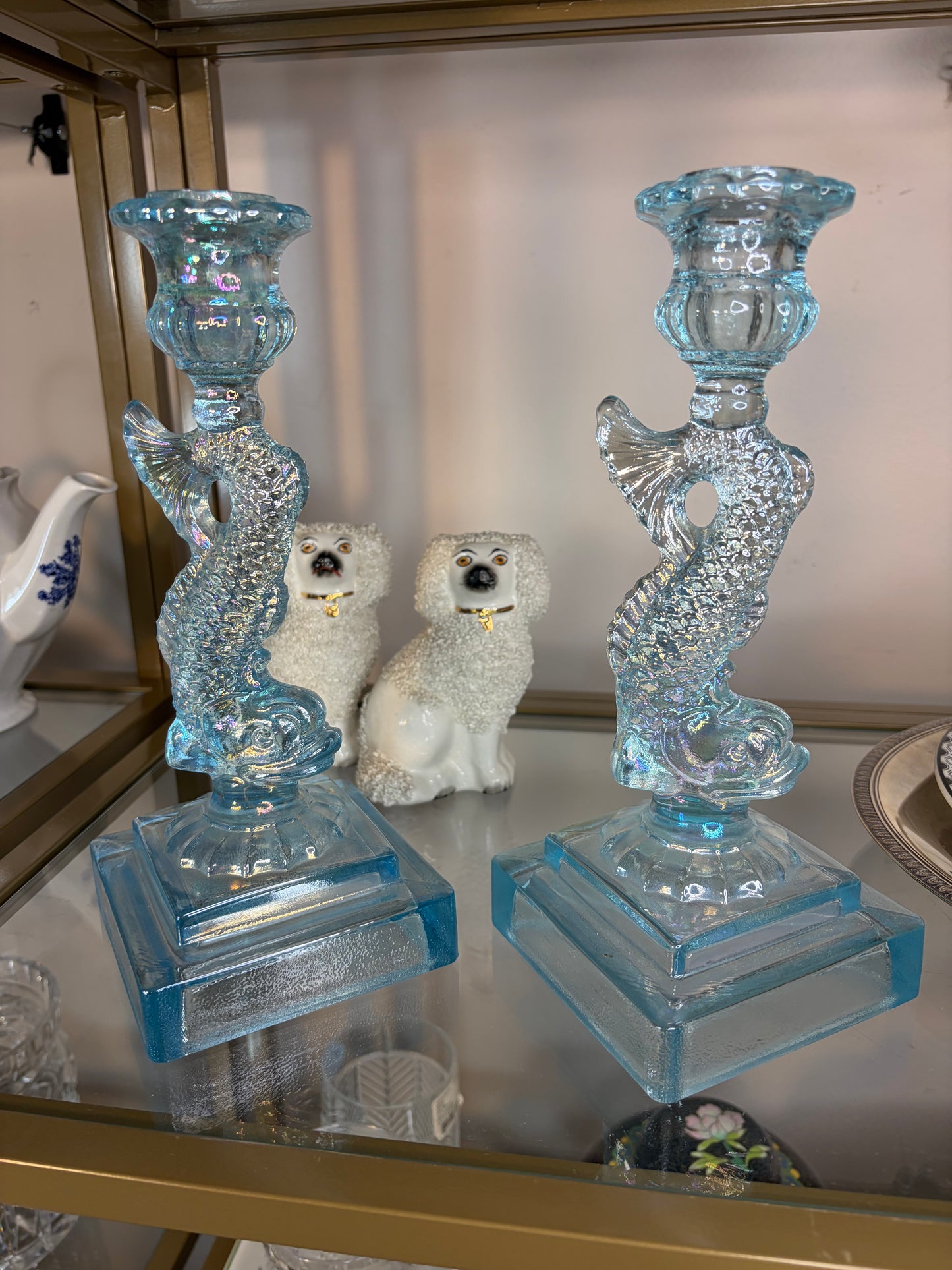 Stunning koi blue iridescent candleholders pair!
