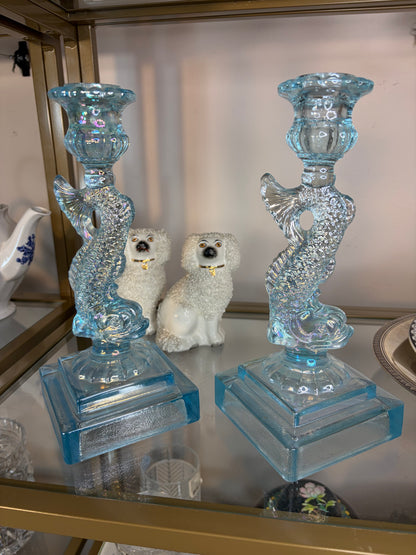 Stunning koi blue iridescent candleholders pair!
