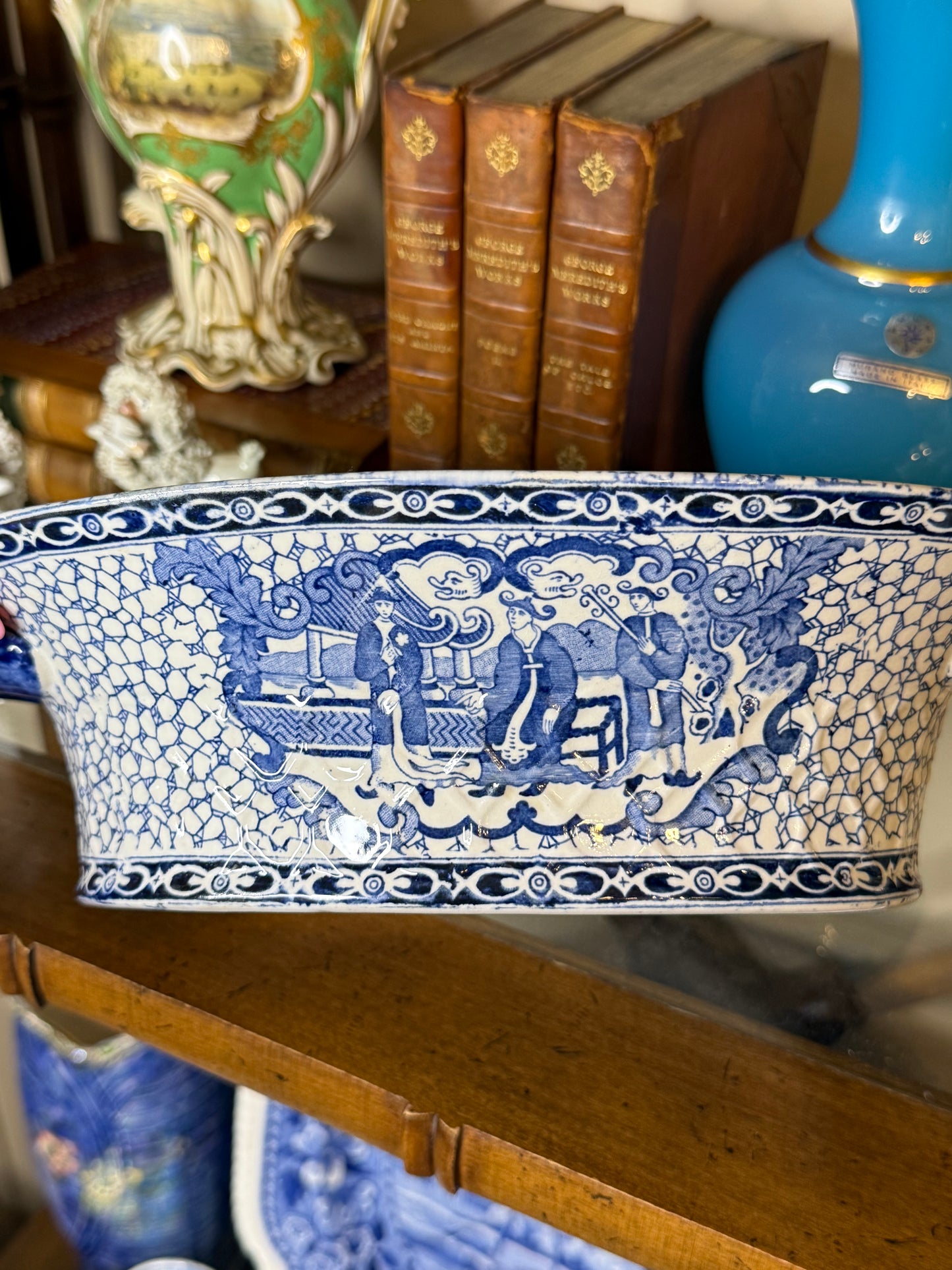 Adams Chinese Bird Pattern Chestnut Dish | Circa 1920 | 12" Handle to Handle x 8.75"D x 3.5"H | Style DA4513