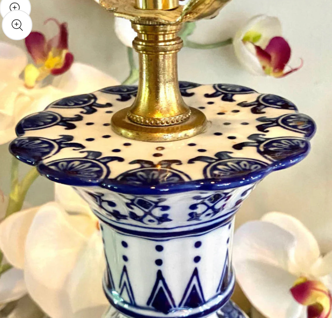 Vintage porcelain blue & white chinoiserie chic statuesque candlestick lamp.