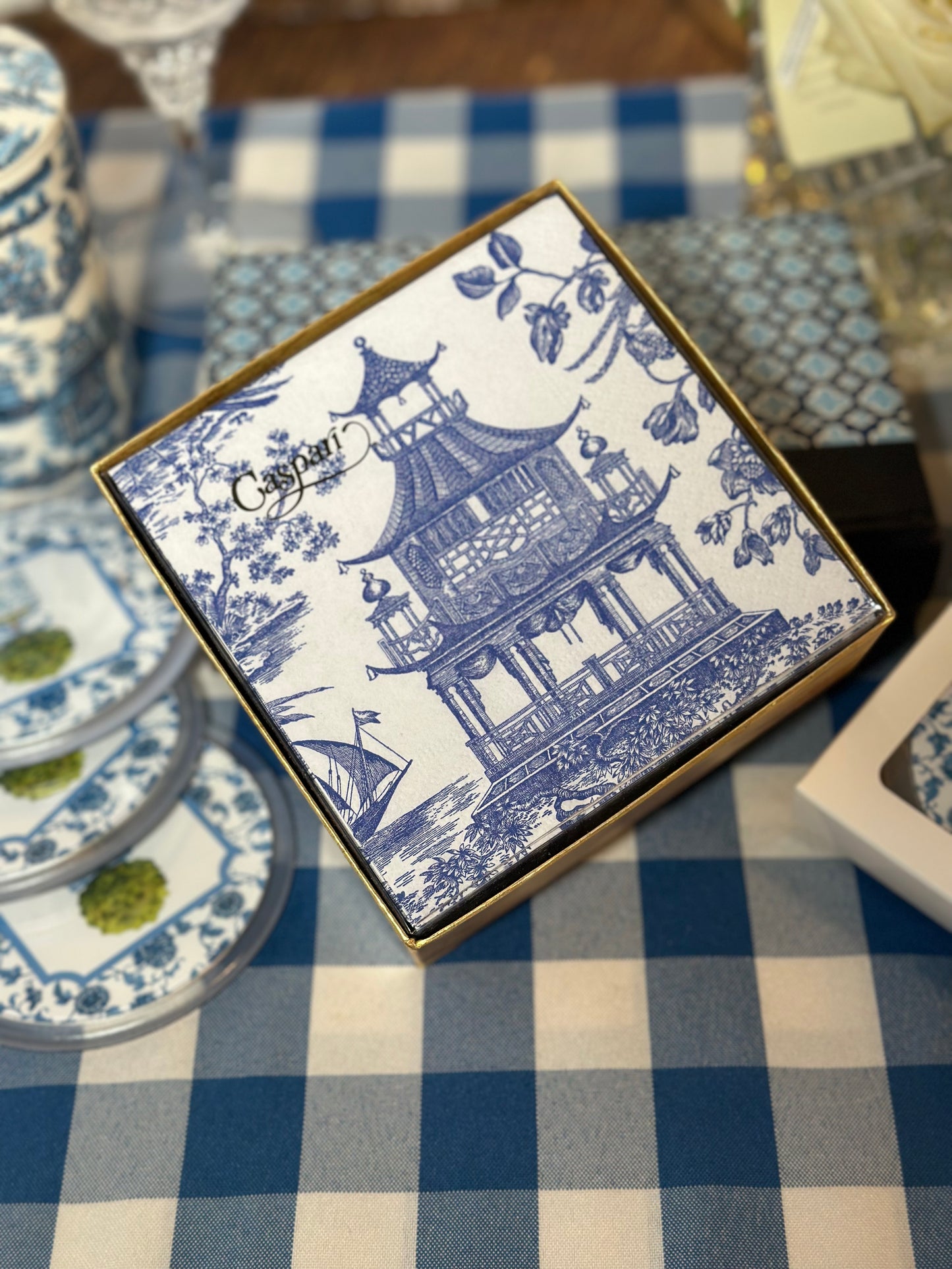 Chinoiserie Toile Pagoda Boxed Cocktail Napkins in Blue - 40 Per Box