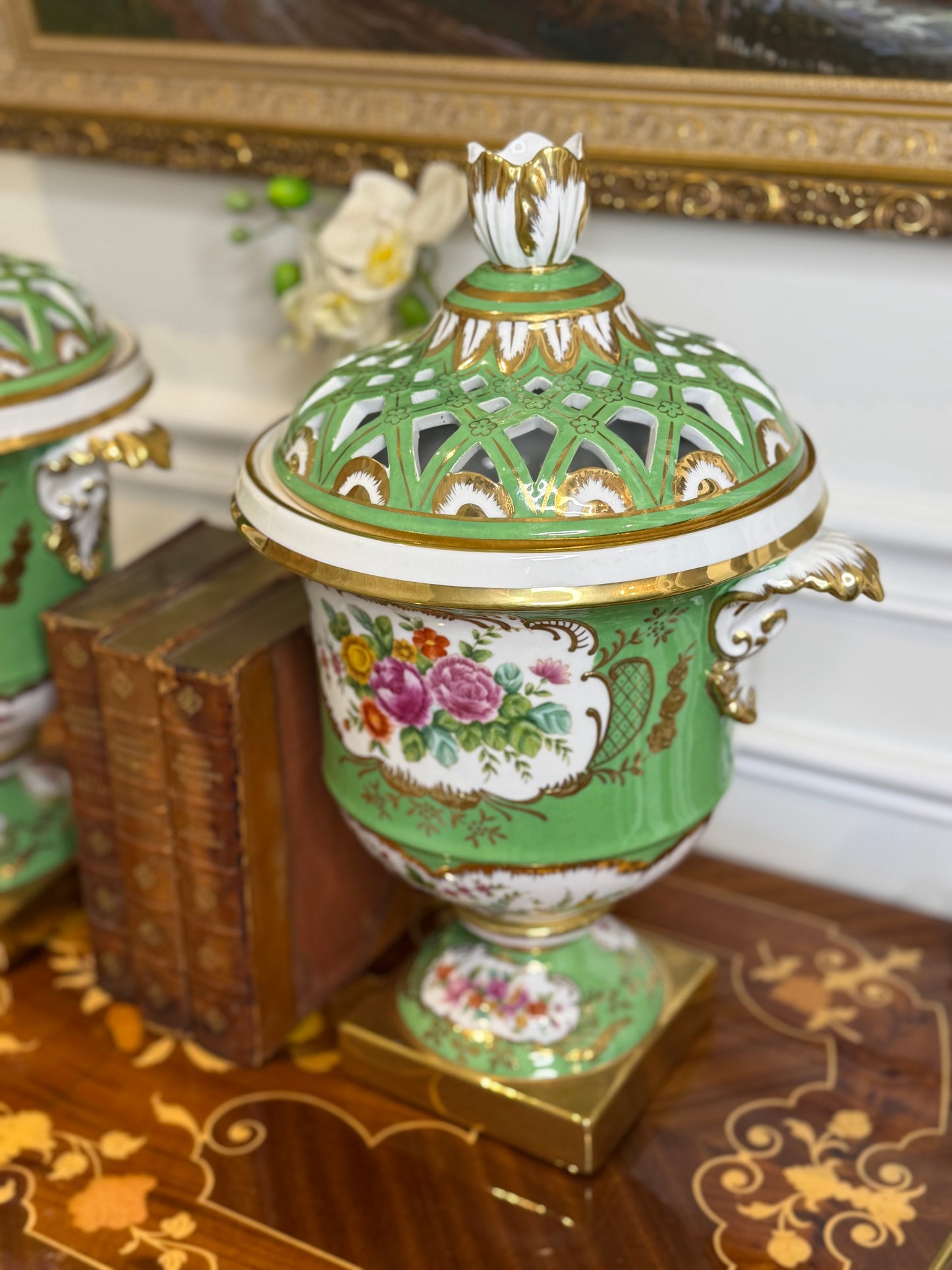 STUNNING - 16” Tall, Chelsea House Green Lattice Porcelain Urn Pair with Domed Covers & Finials