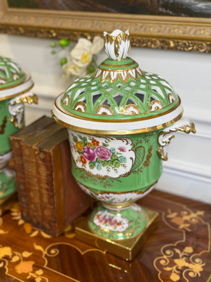 STUNNING - 16” Tall, Chelsea House Green Lattice Porcelain Urn Pair with Domed Covers & Finials