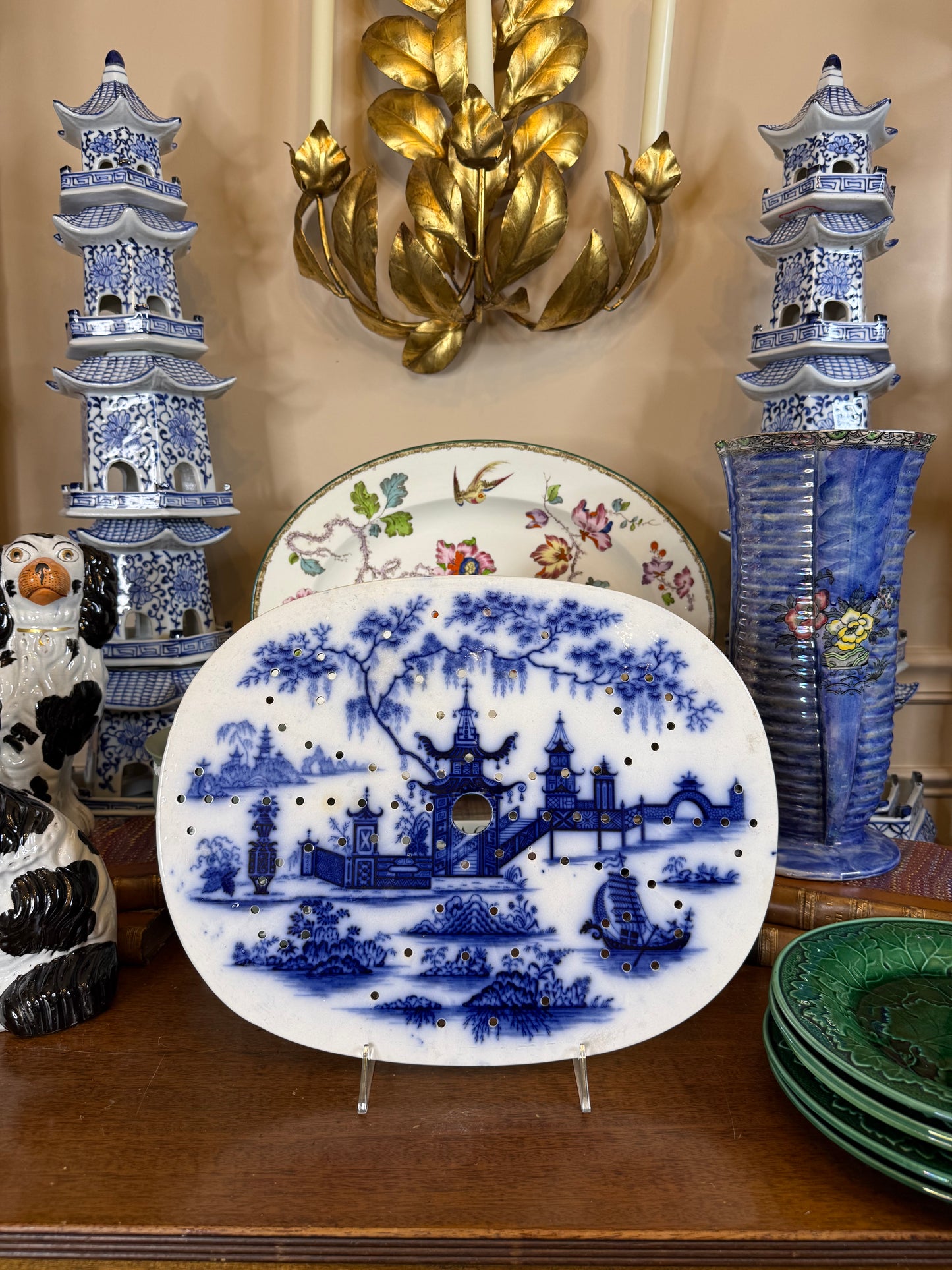 Antique 15X12"  Ridgway Flow Blue Pagoda Drainer | c.1830 | Style DA4359