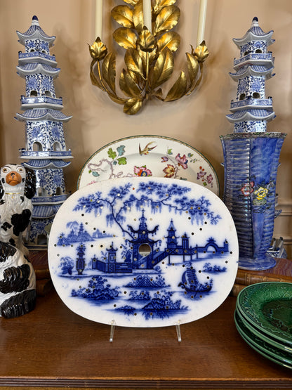 Antique 15X12"  Ridgway Flow Blue Pagoda Drainer | c.1830 | Style DA4359