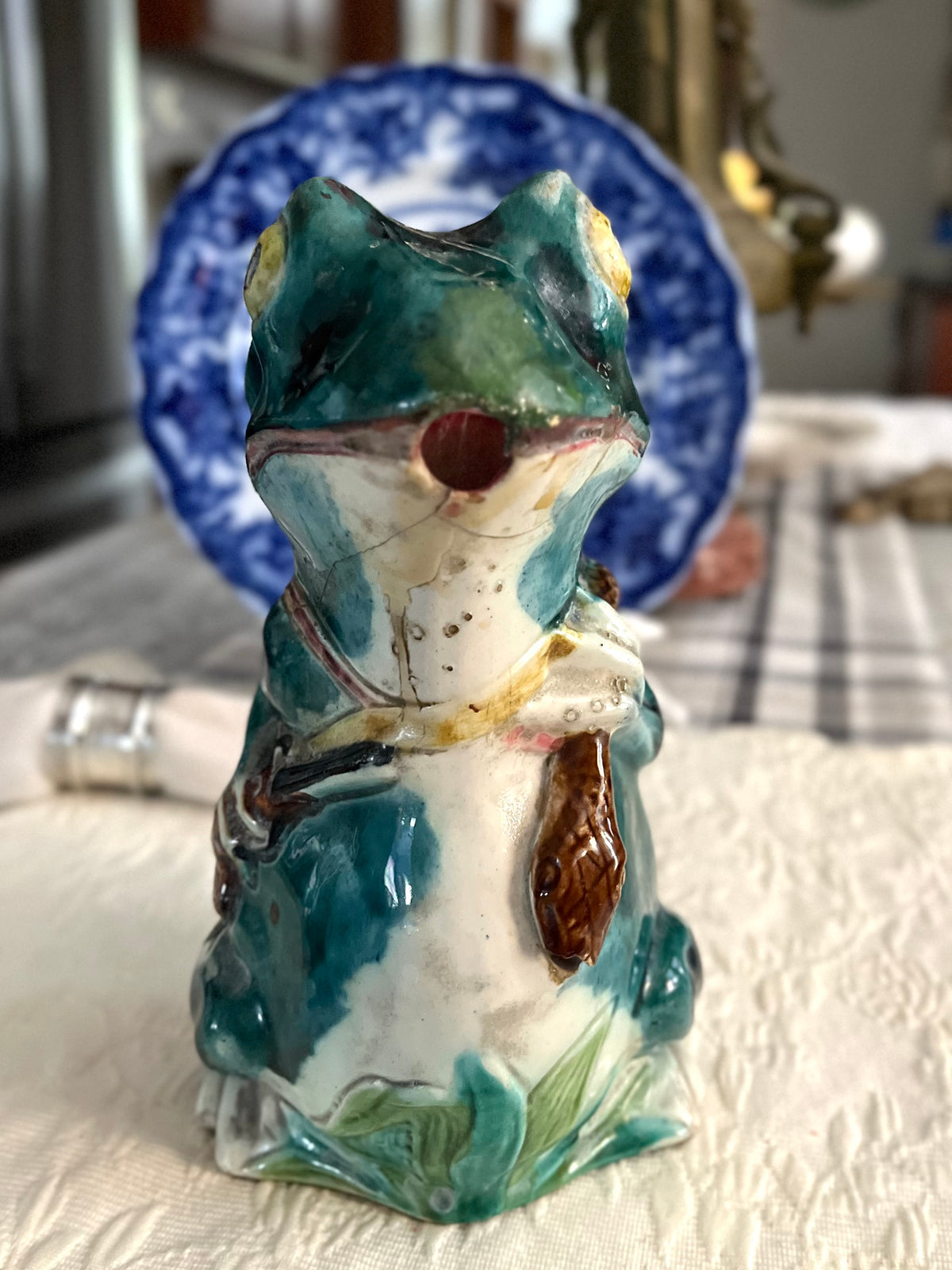 Older HTF Textured English Victorian Majolica Frog & Snake Pitcher, circa 1870 Repairs - Priced accordingly