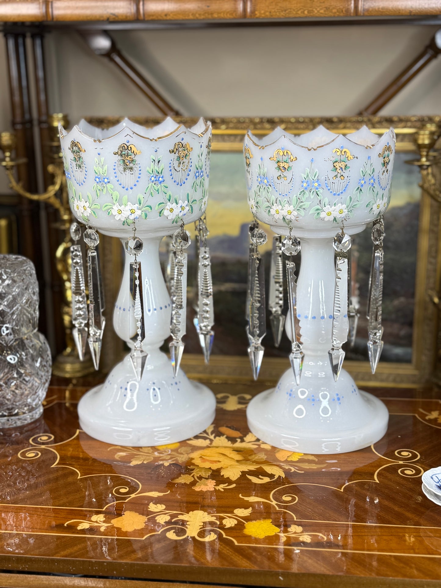 Pair of Antique Bristol Glass Lustres with Hand-Painted Florals & Crystal Prisms | 13.5” Tall #B001