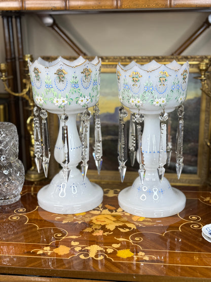 Pair of Antique Bristol Glass Lustres with Hand-Painted Florals & Crystal Prisms | 13.5” Tall #B001