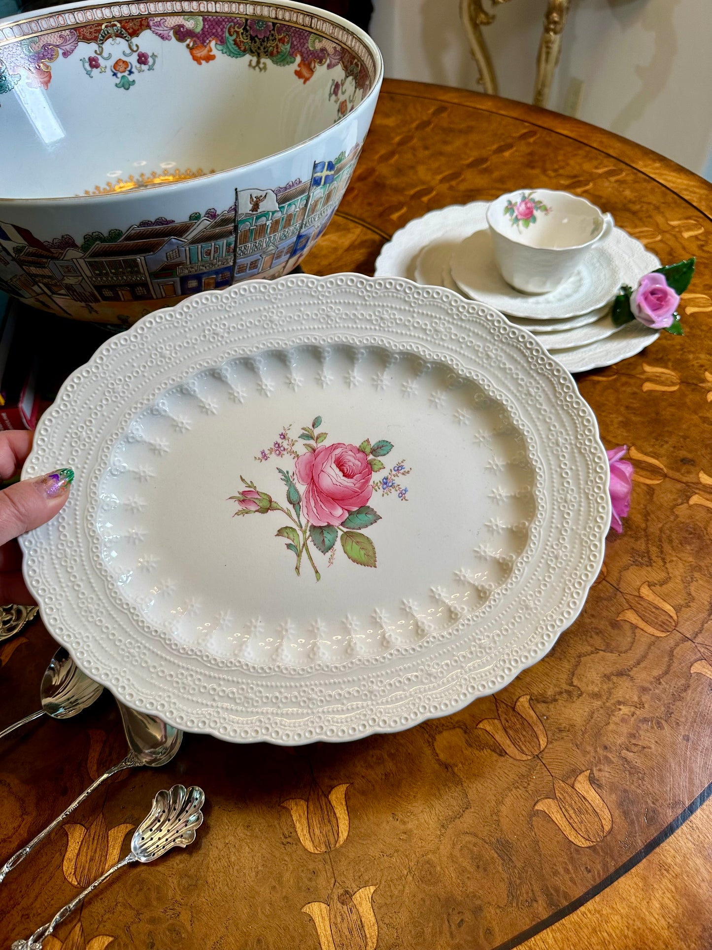 Vintage Copeland Spode “Billingsley Rose” Oval Serving Platter | Jewel Embossed English Floral China