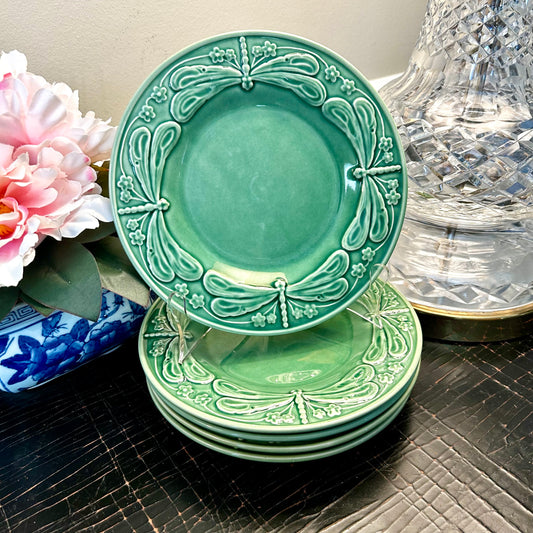Beautiful Set of 4 dragonfly Cabbage ware Green Plates made in Portugal