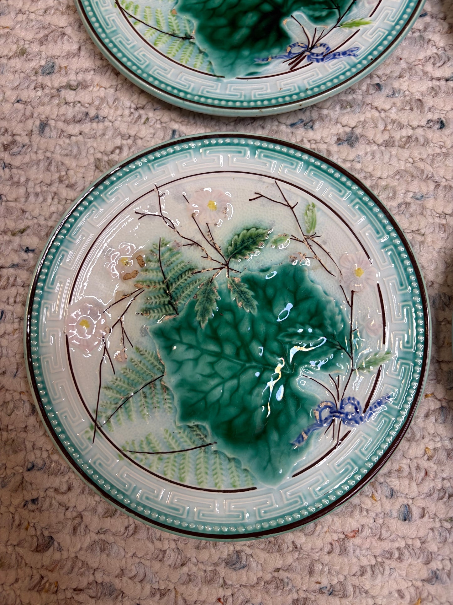 Antique majolica leaf plates with Greek key border- Set of 4! As is!