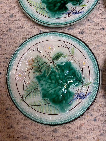 Antique majolica leaf plates with Greek key border- Set of 4! As is!