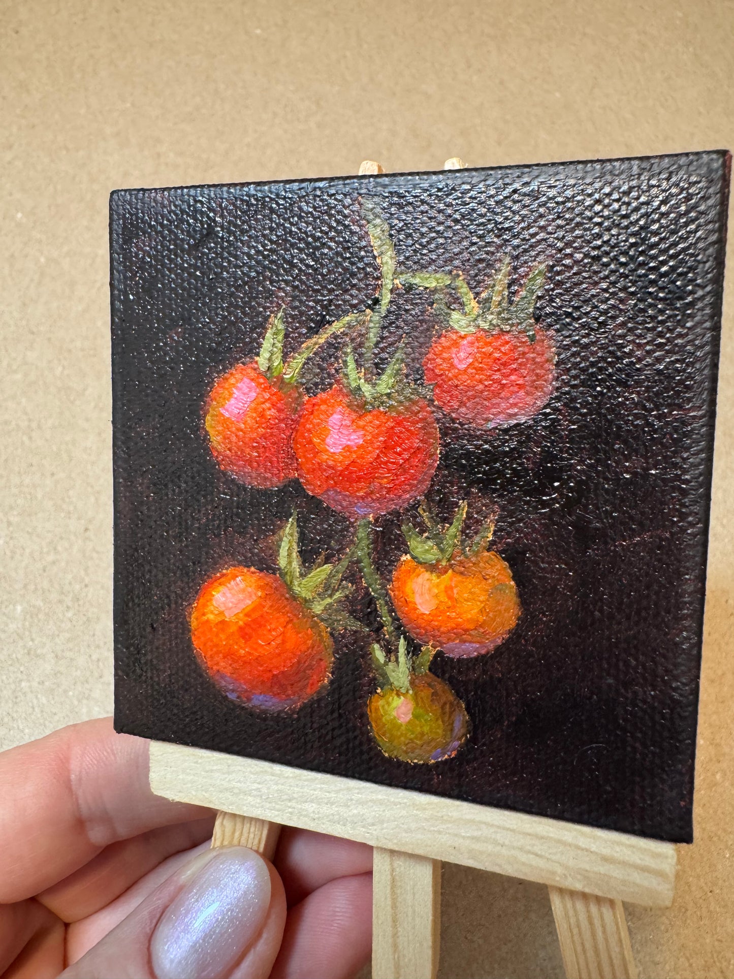 Live 06/19 mini art tomatoes original oil paintings on stretched canvas 3x3”