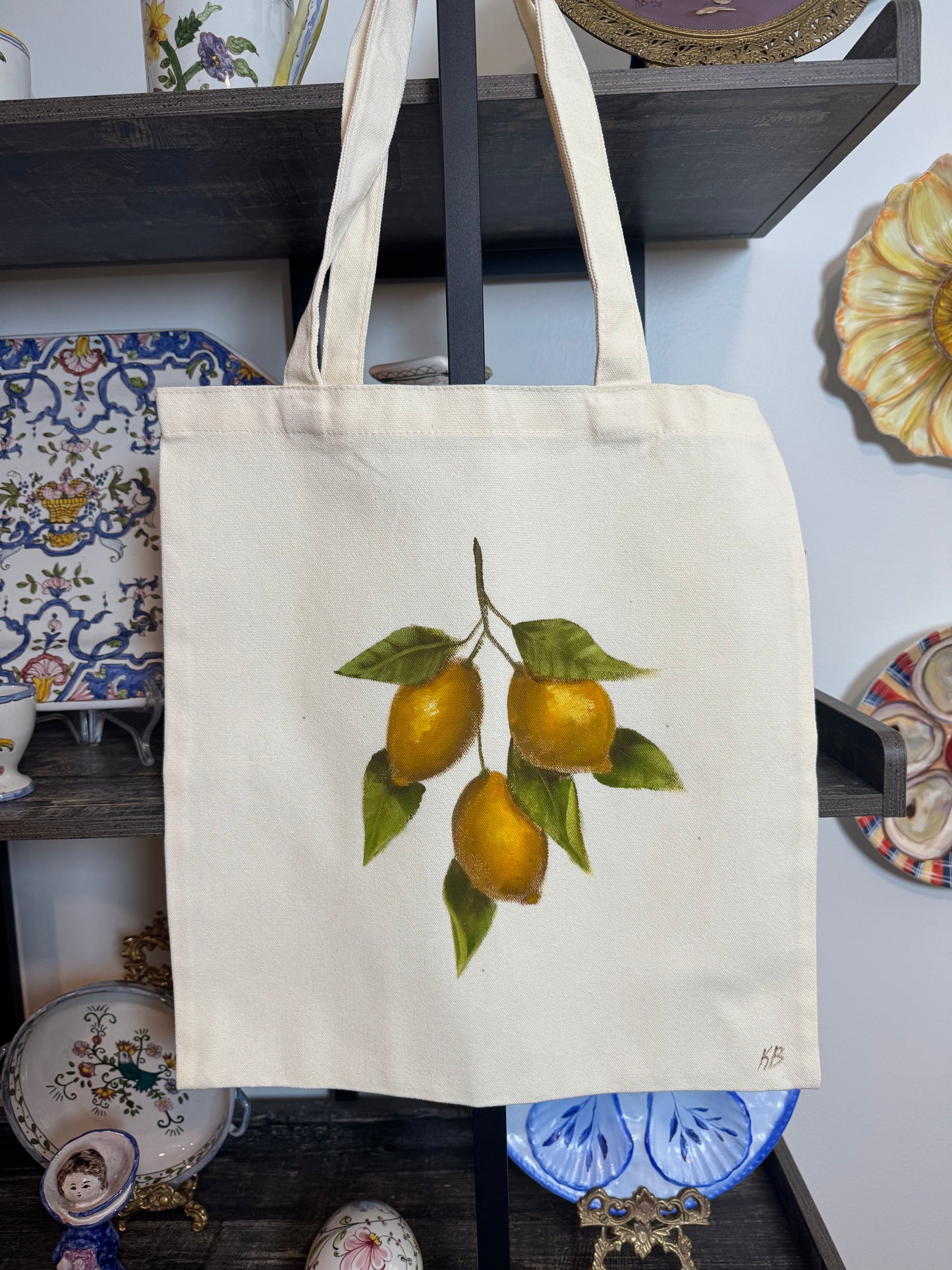 Lemons hand painted tote bag 15x14”