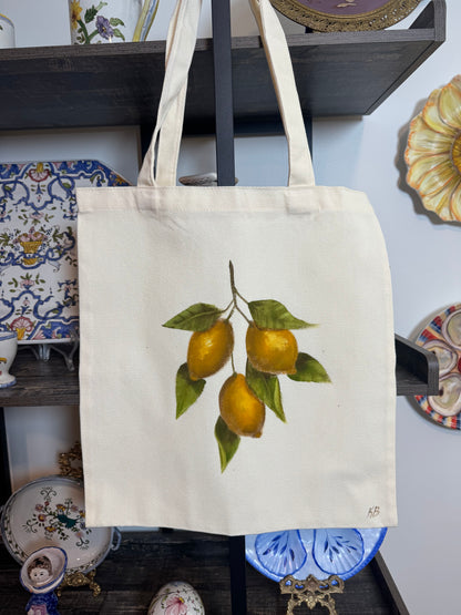 Lemons hand painted tote bag 15x14”