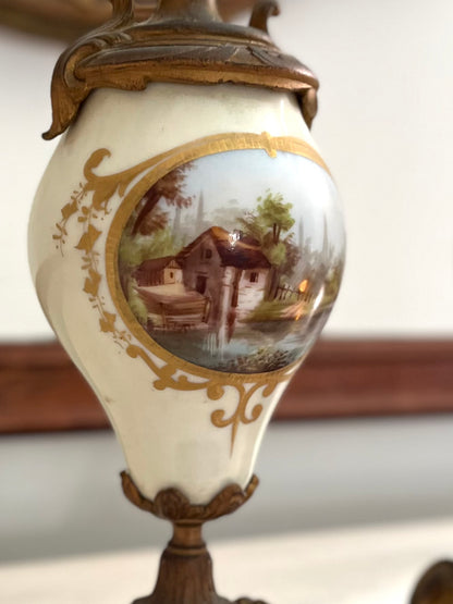 Pair of French Hand-Painted Pastoral Porcelain & Bronze Garniture Urns