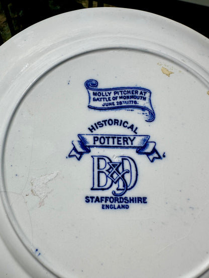 Antique Historical Pottery “Molly Pitcher” Cobalt Blue Transferware Plate | Staffordshire England