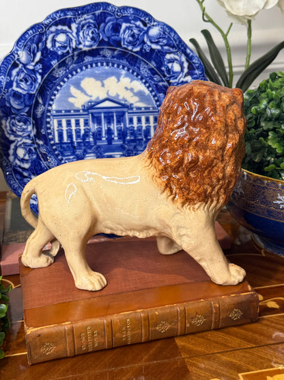 RESERVED - LION - Antique Staffordshire Lion Figure | English Pottery Mantel Ornament | 9” Wide