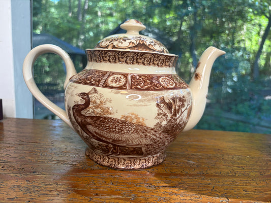 Beautiful brown transferware peacock teapot!