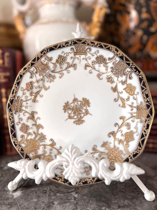 Live 09/01 Antique Nippon Black And Gold Plate With Ornate Moriage Design 7 7/8”