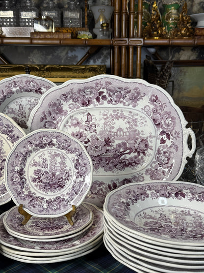 39 Pieces, Circa 1840 | Antique English Staffordshire “Canton Garden”Lavender/ Mulberry Transferware Dinner Service