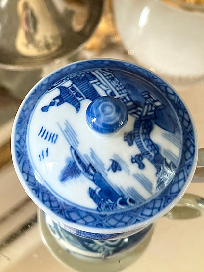 Antique Chinese Blue And White Syllabub / Crème Pot with Lid | Historic Staple Repair