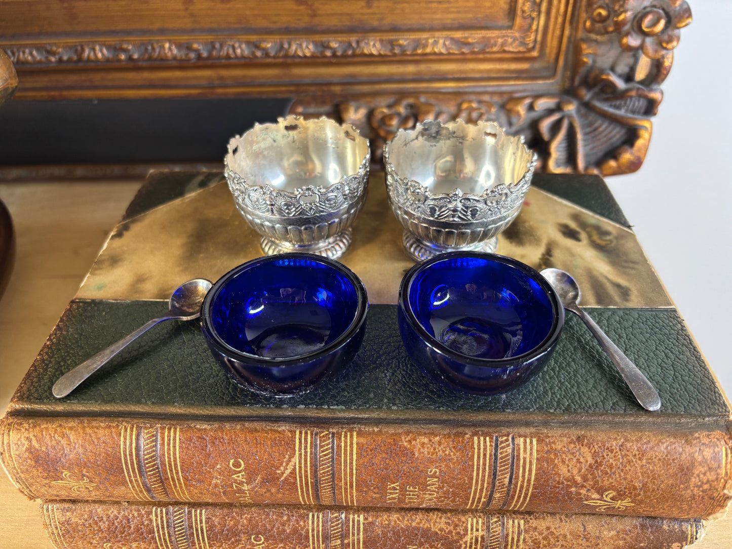Reserved! Beautiful Raimond silverplate salt cellars or caviar dishes with cobalt bowls and spoons!