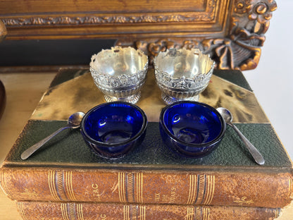Reserved! Beautiful Raimond silverplate salt cellars or caviar dishes with cobalt bowls and spoons!