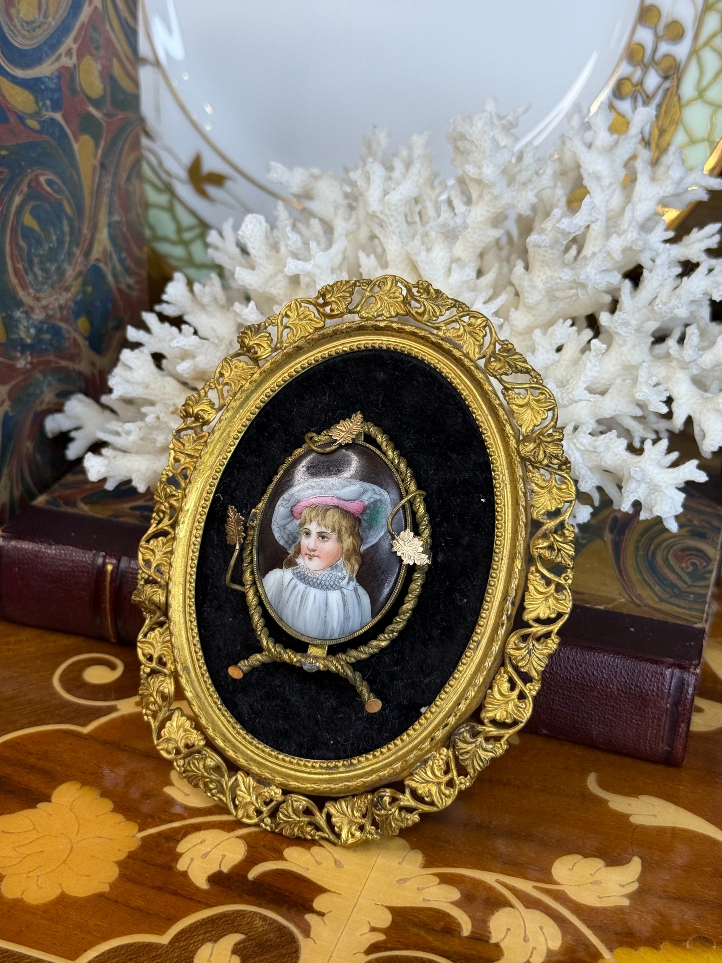 Antique Miniature Portrait of a Young Girl in Gilt Bronze Frame | 5x4” Hand-Painted Enamel