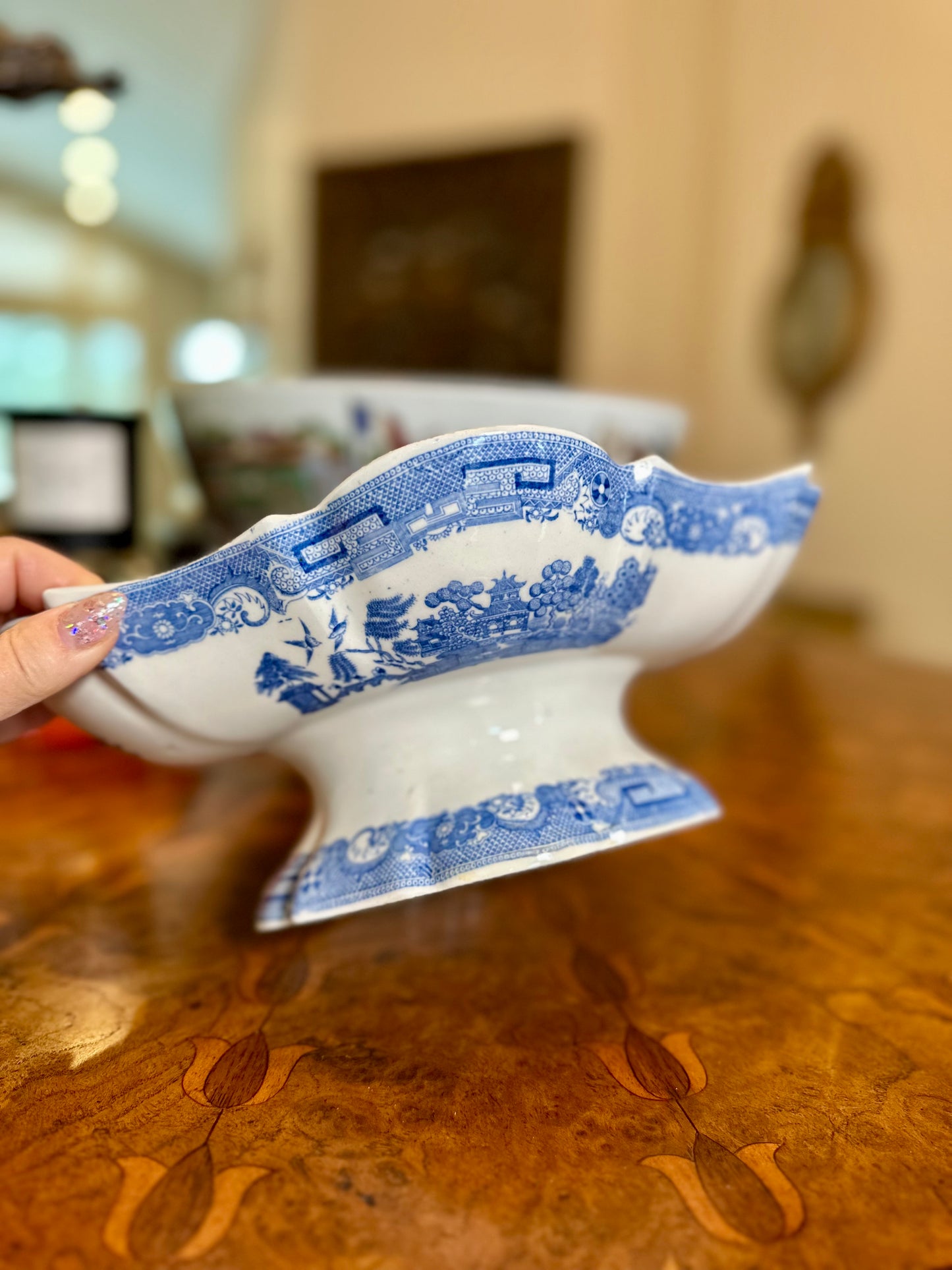 Early 19th Century Spode Pearlware Blue Willow Footed Comport/Bowl, 12”