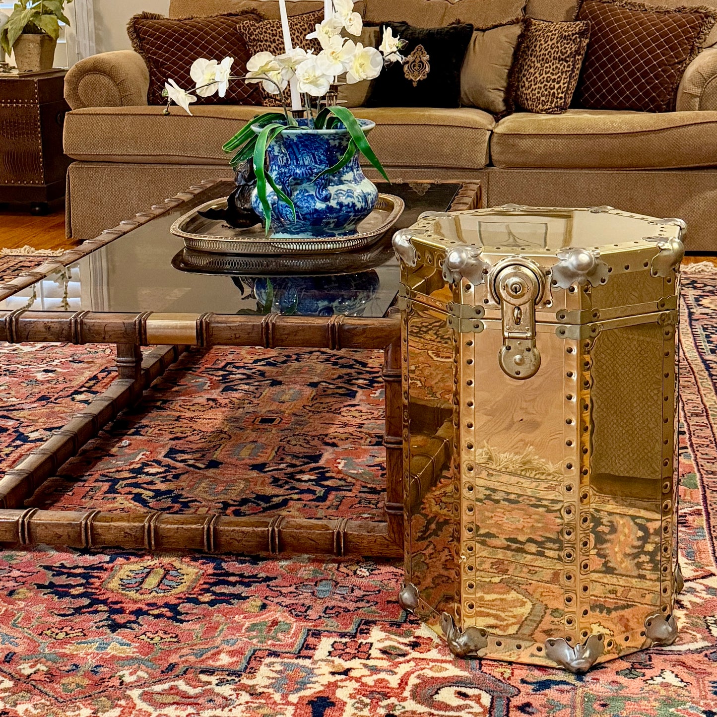 Chic vintage mid century modern octagon brass chest trunk end table