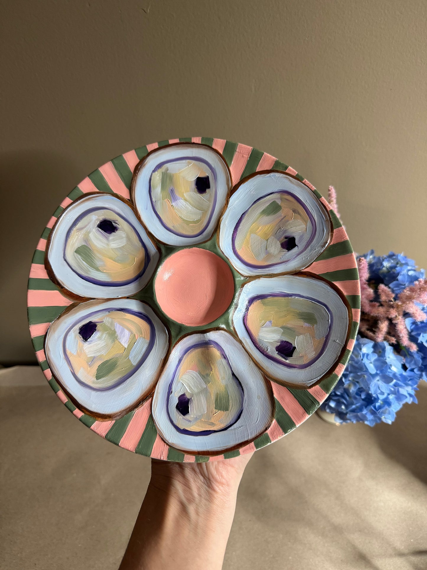 Hand painted pink center with stripes oyster plate 9”