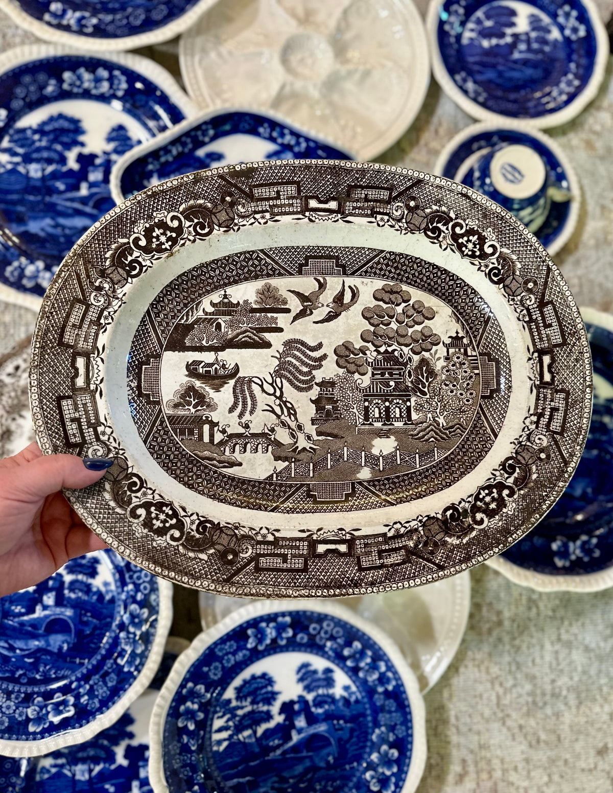 Antique 19th Century Brown Transferware Willow Platter, 15.5”