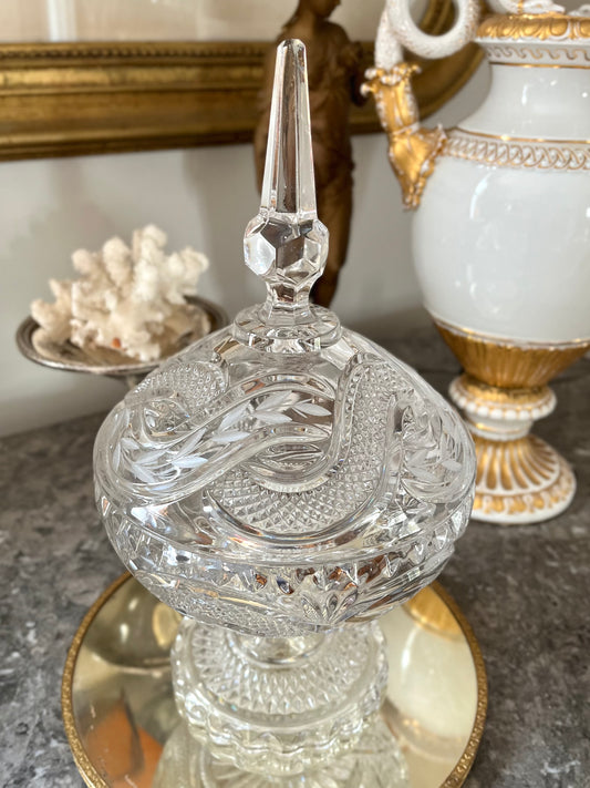 Beautifully Cut Crystal Covered Pedestal Compote with Spire Finial | 13 1/2”