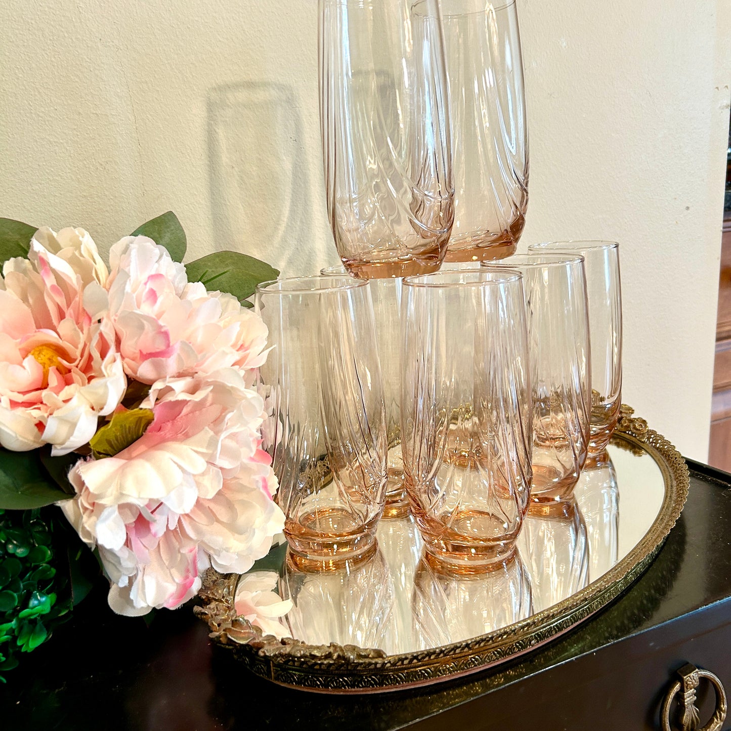 Set of 8 perfectly pink tumbler high ball glasses.