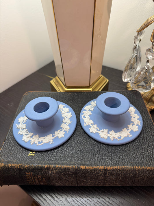 Wedgwood lavender and white pair of candle holders