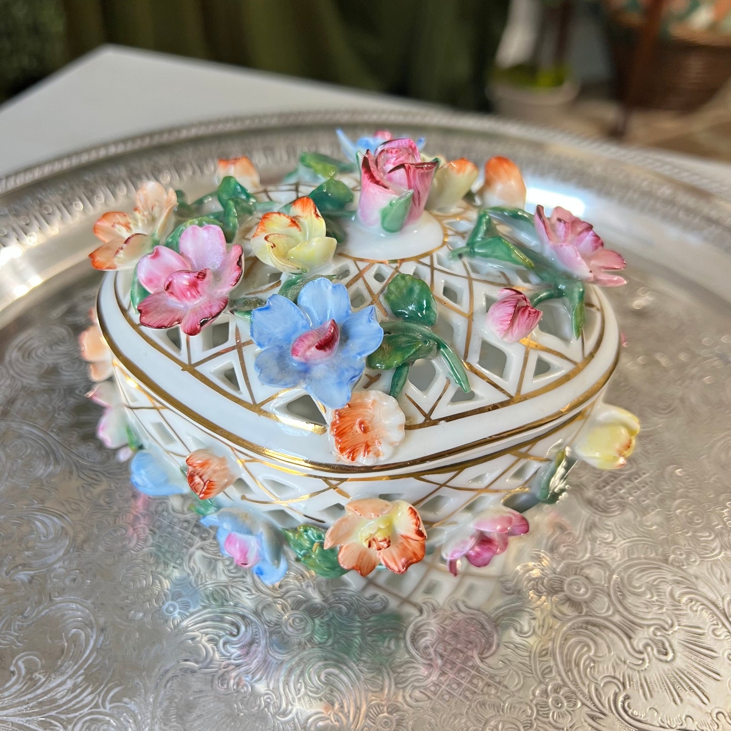 Diamond Lace Pierced Multicolor Flower Porcelain Trinket Box